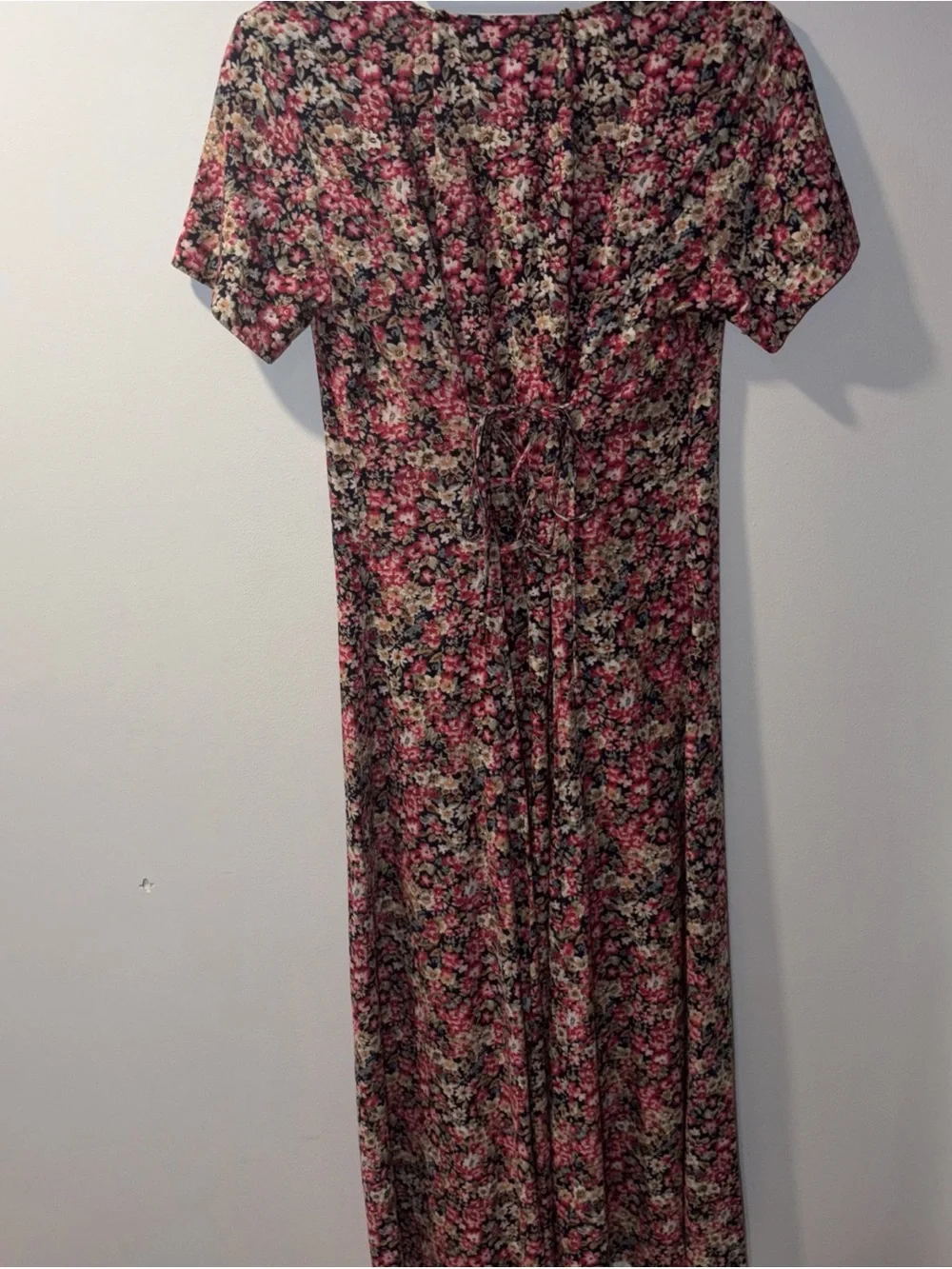 Vintage 90s Midi Dress Ditsy Floral Fairy Peasant Prairie Pink Lace Up Boho